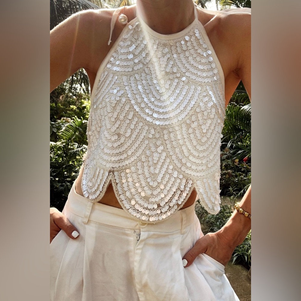 12th Tribe Cleo White Sequin Halter Tie Top - Size L - Picture 4 of 10